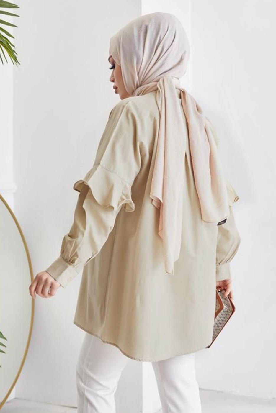 Tesettür giyim BEJ KOLU FIRFIRLI GİZLİ DÜĞMELİ TUNİK T 48316