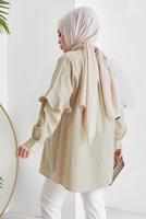 Tesettür giyim BEJ KOLU FIRFIRLI GİZLİ DÜĞMELİ TUNİK T 48316