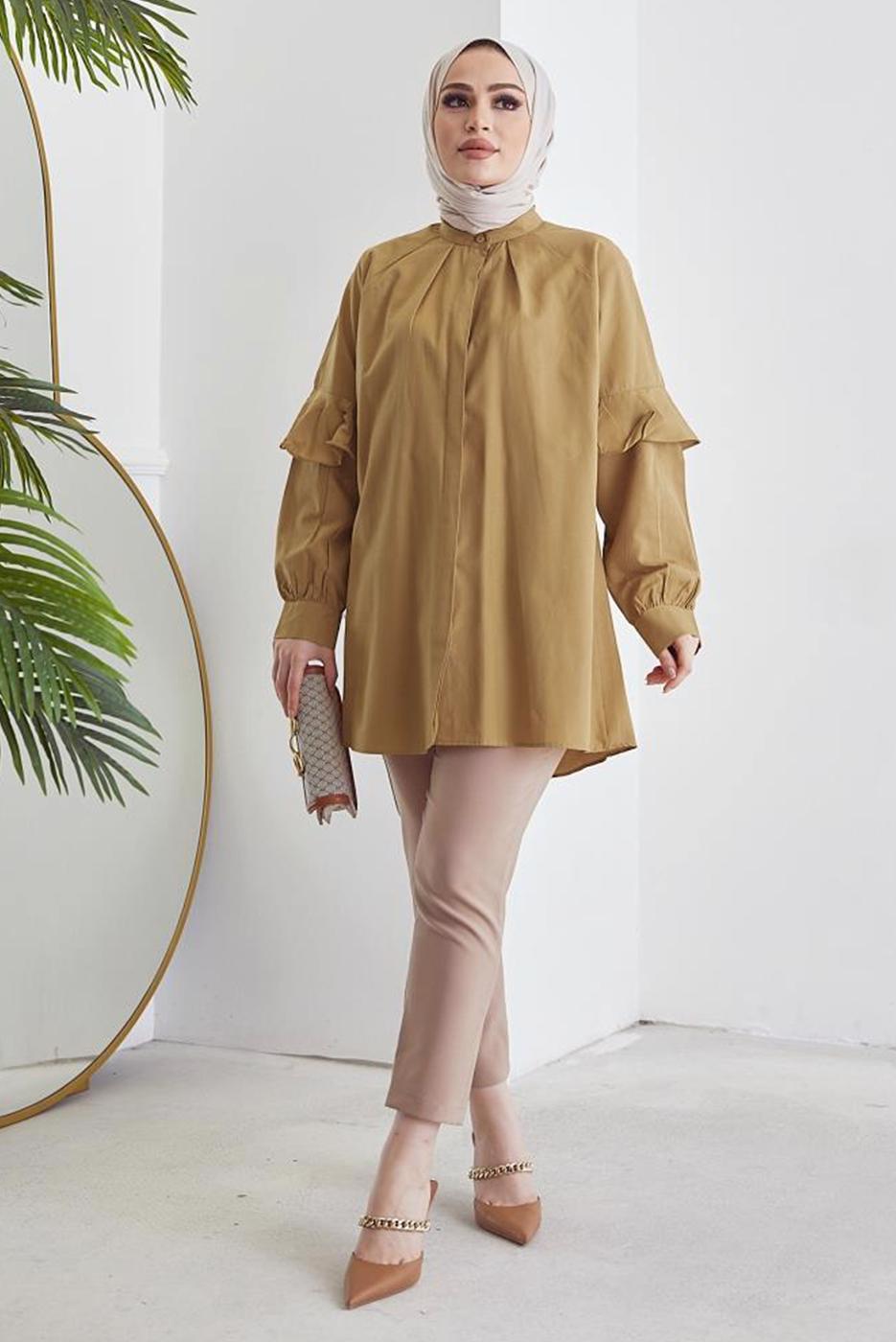 Tesettür giyim KAHVE KOLU FIRFIRLI GİZLİ DÜĞMELİ TUNİK T 48316
