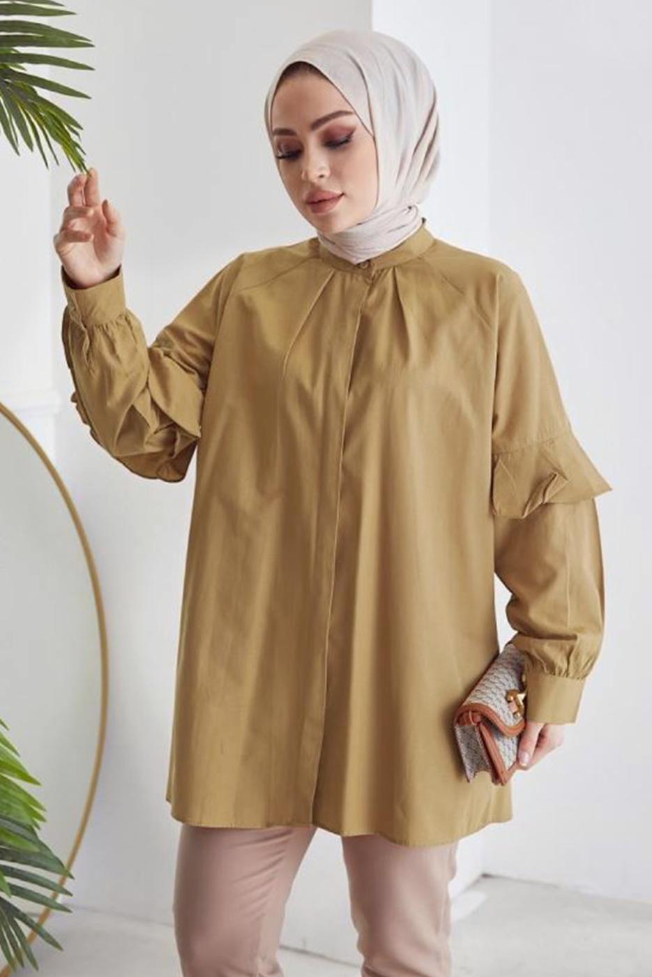 Tesettür giyim KAHVE KOLU FIRFIRLI GİZLİ DÜĞMELİ TUNİK T 48316