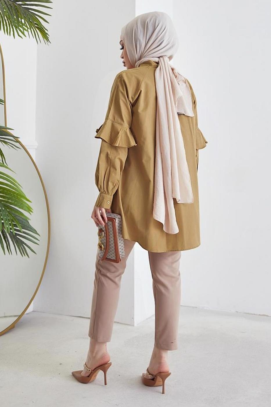 Tesettür giyim KAHVE KOLU FIRFIRLI GİZLİ DÜĞMELİ TUNİK T 48316