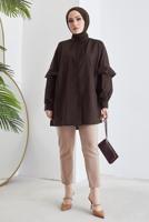 Tesettür giyim KAHVE KOLU FIRFIRLI GİZLİ DÜĞMELİ TUNİK T 48316