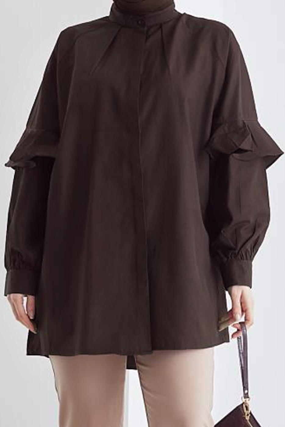 Tesettür giyim KAHVE KOLU FIRFIRLI GİZLİ DÜĞMELİ TUNİK T 48316