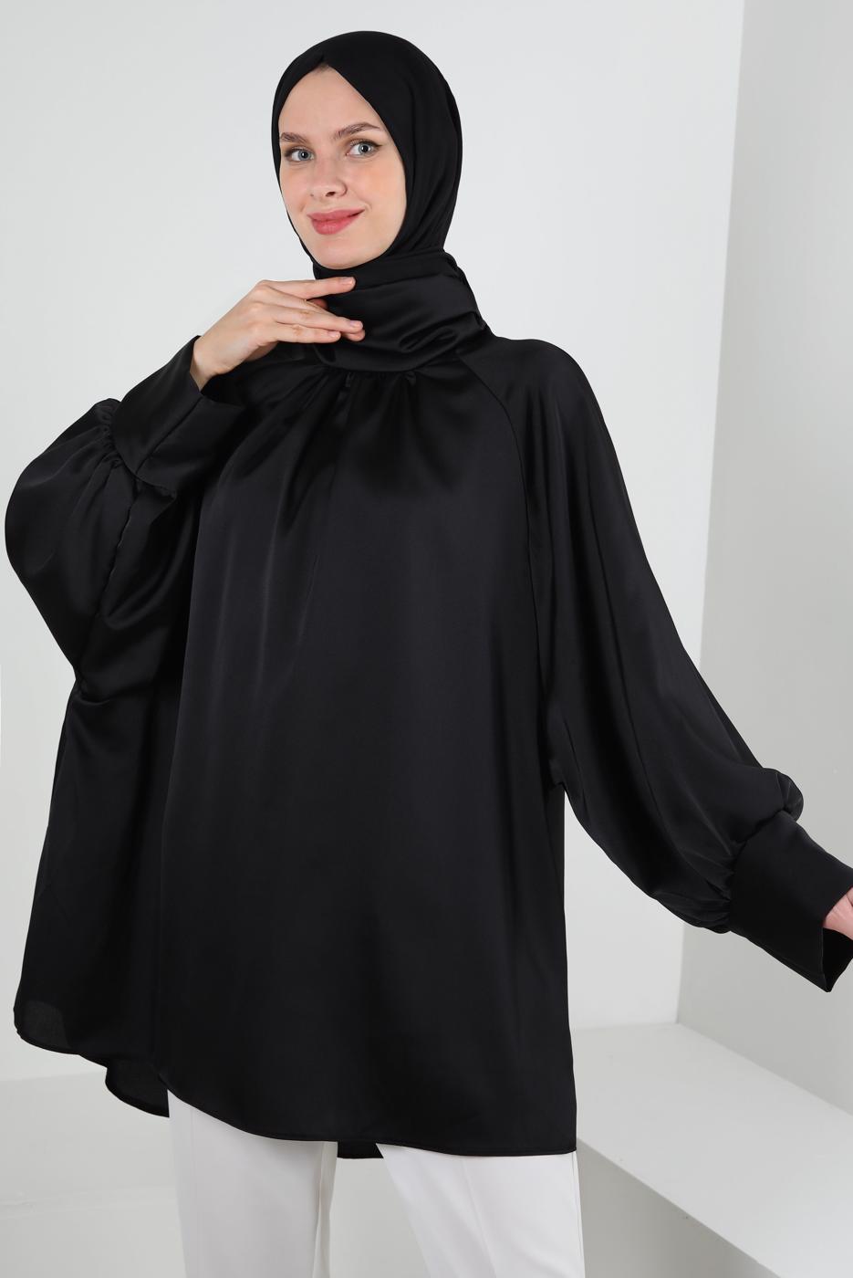 Tesettür giyim SİYAH YARASA KOL SATEN TUNİK T 4985