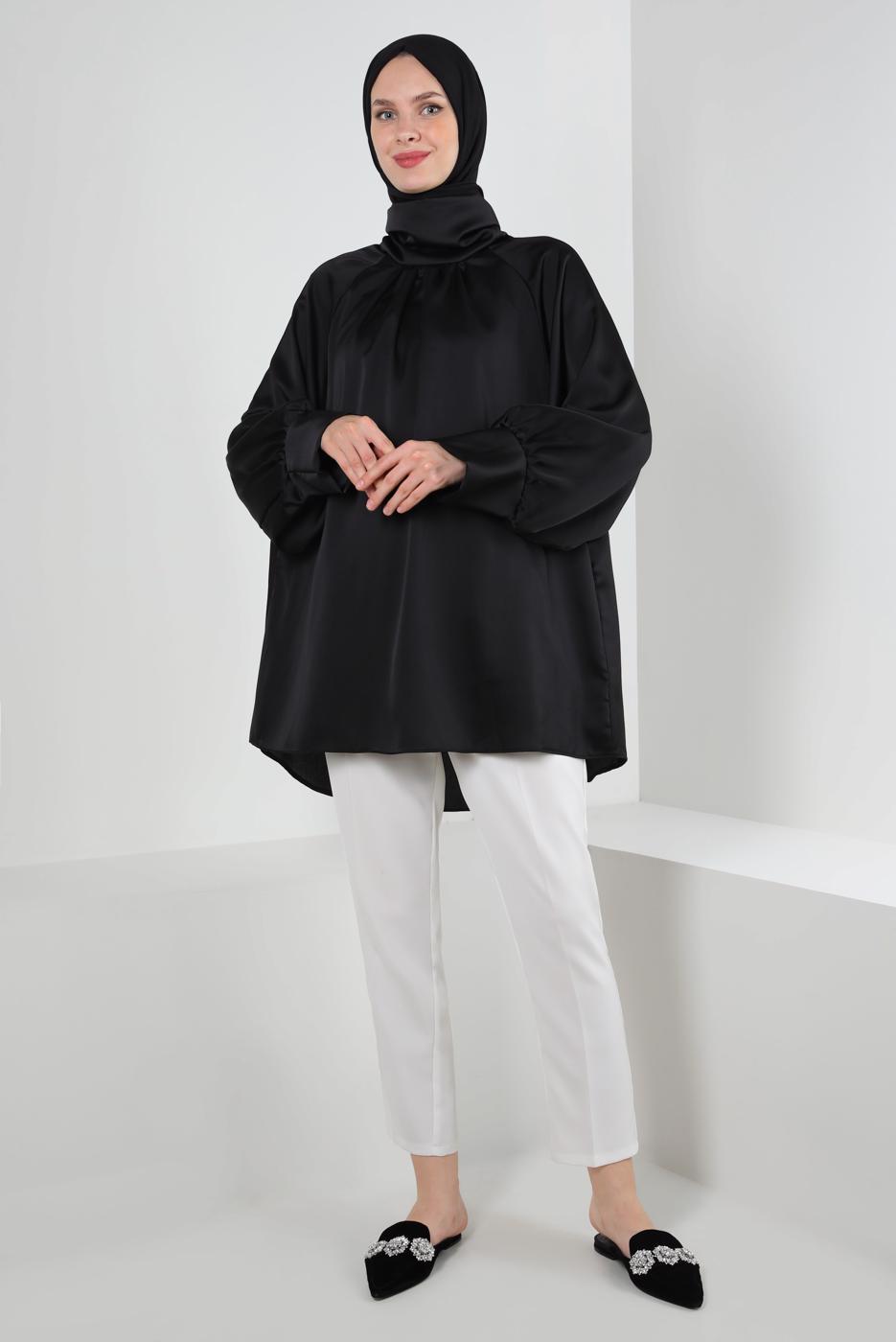 Tesettür giyim SİYAH YARASA KOL SATEN TUNİK T 4985