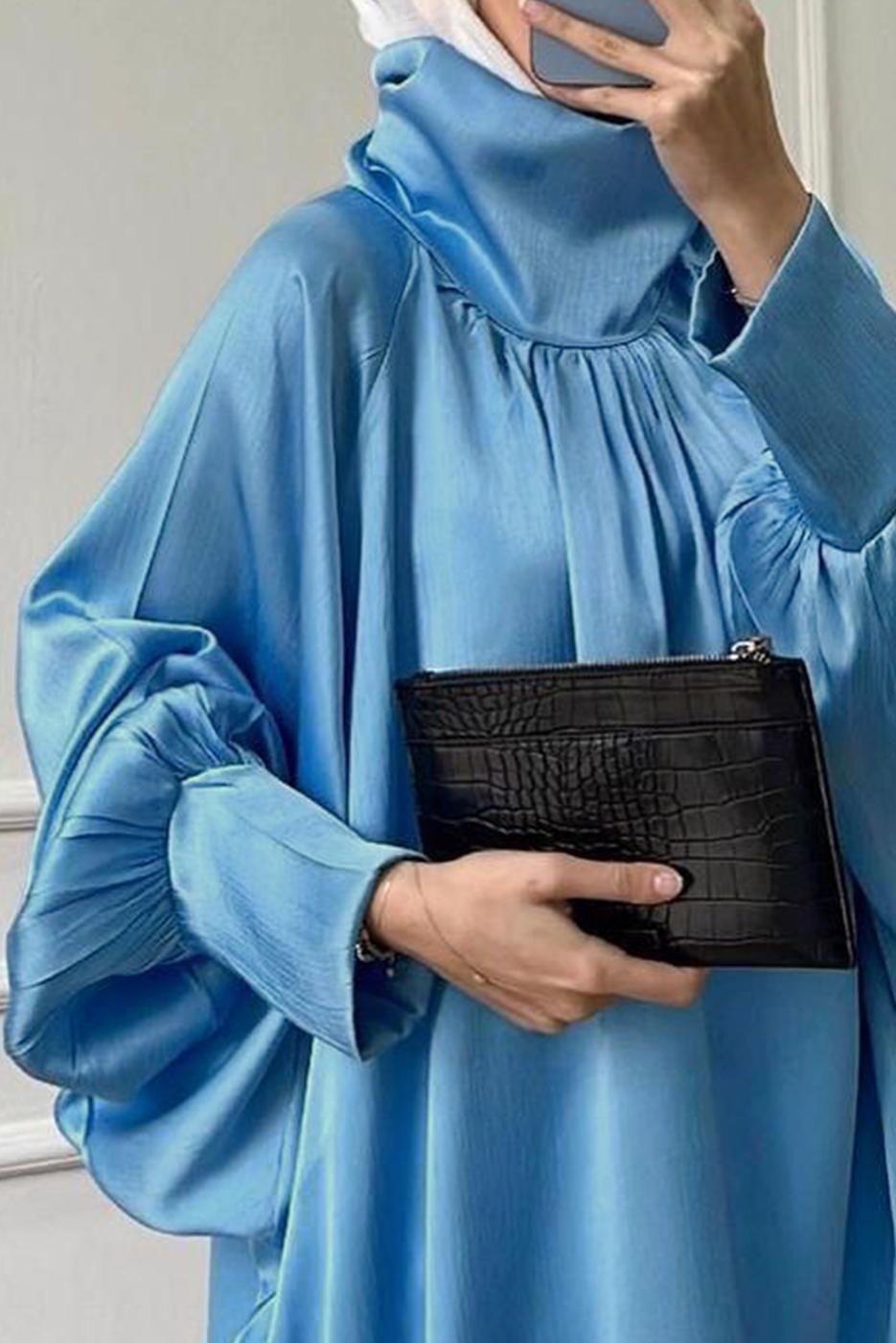 Tesettür giyim MAVİ YARASA KOL SATEN TUNİK T 4985