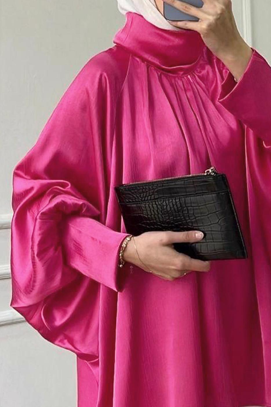 Tesettür giyim FUŞYA YARASA KOL SATEN TUNİK T 4985