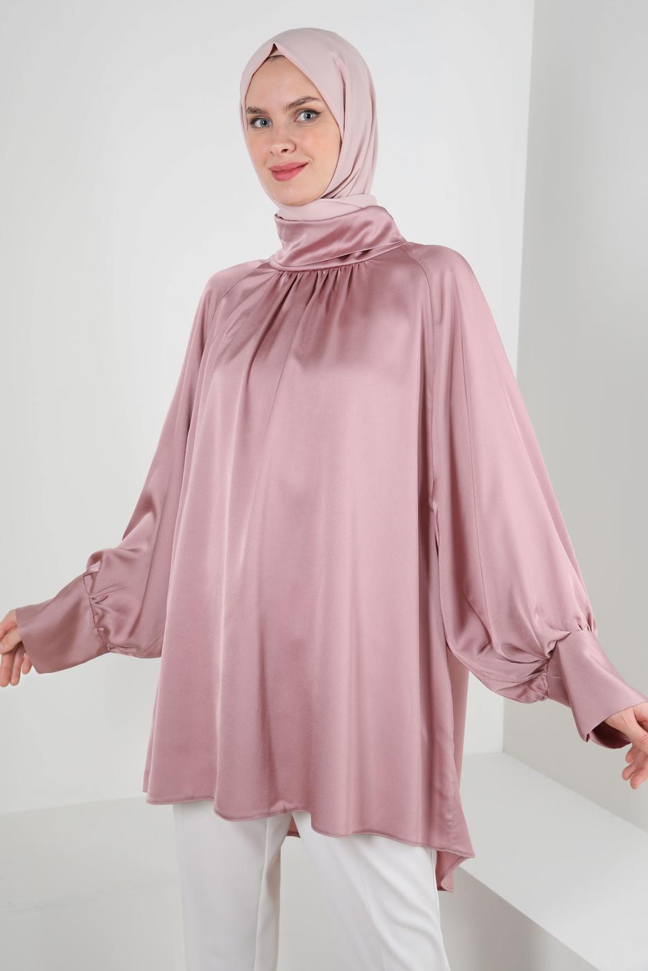 Tesettür giyim PUDRA YARASA KOL SATEN TUNİK T 4985