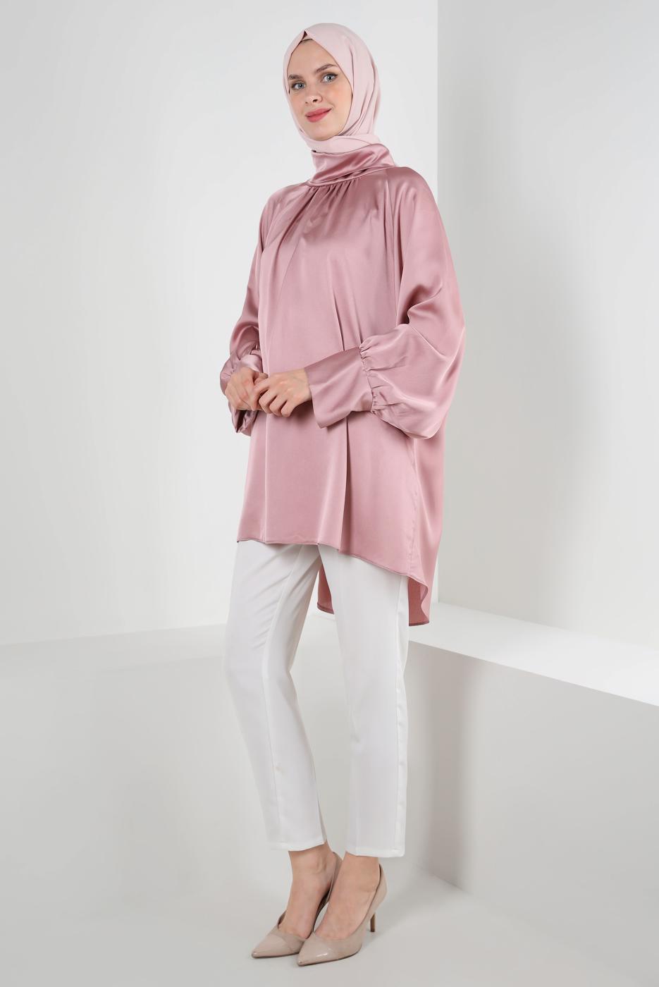 Tesettür giyim PUDRA YARASA KOL SATEN TUNİK T 4985