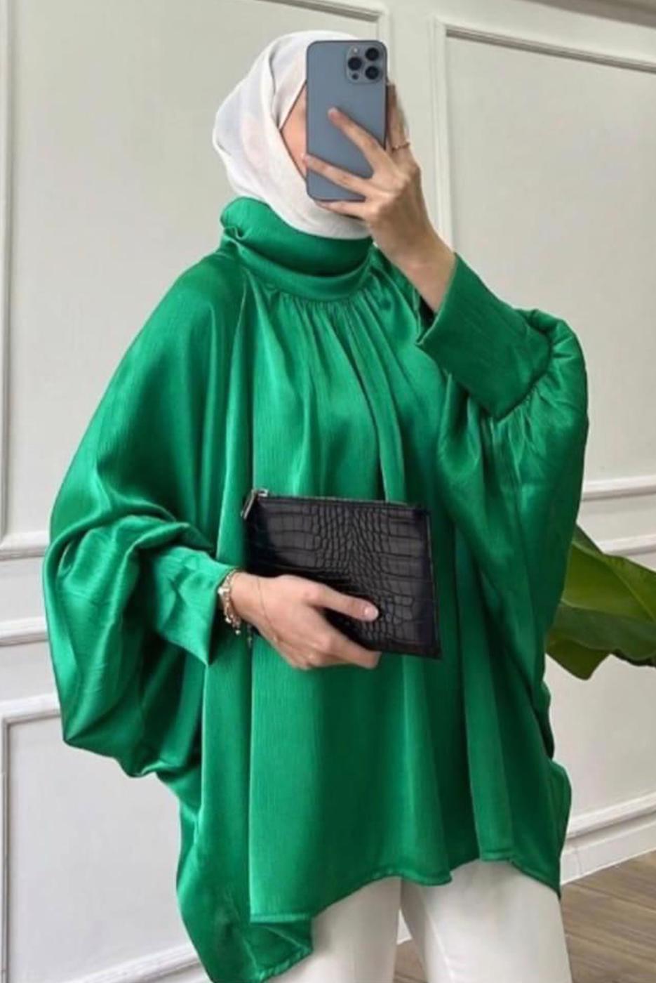 Tesettür giyim YEŞİL YARASA KOL SATEN TUNİK T 4985