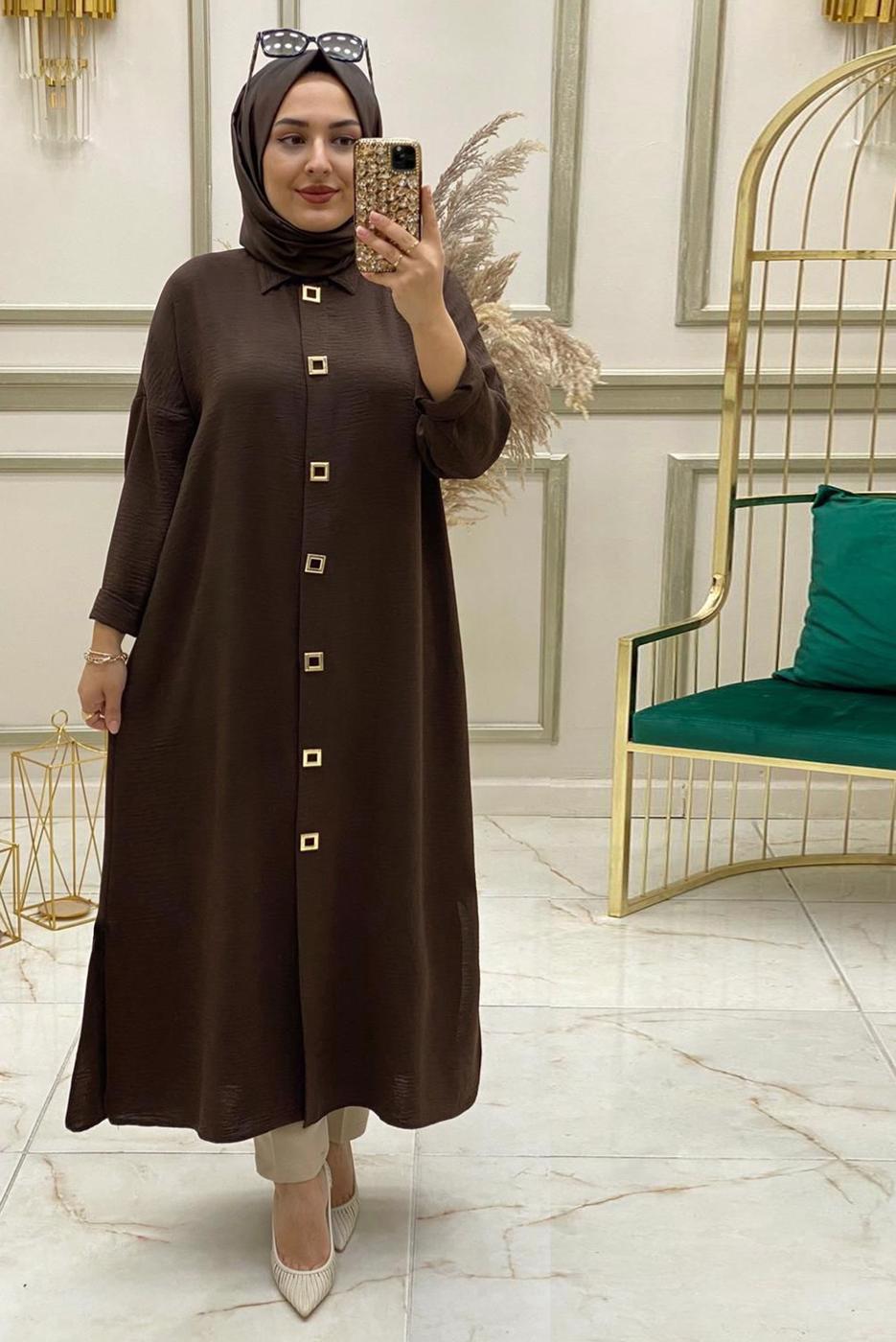 Tesettür giyim KAHVE ÇITÇITLI YANI YIRTMAÇLI TUNİK T 50412	