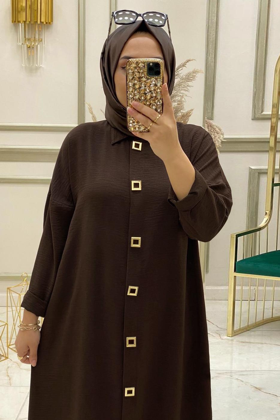 Tesettür giyim KAHVE ÇITÇITLI YANI YIRTMAÇLI TUNİK T 50412	