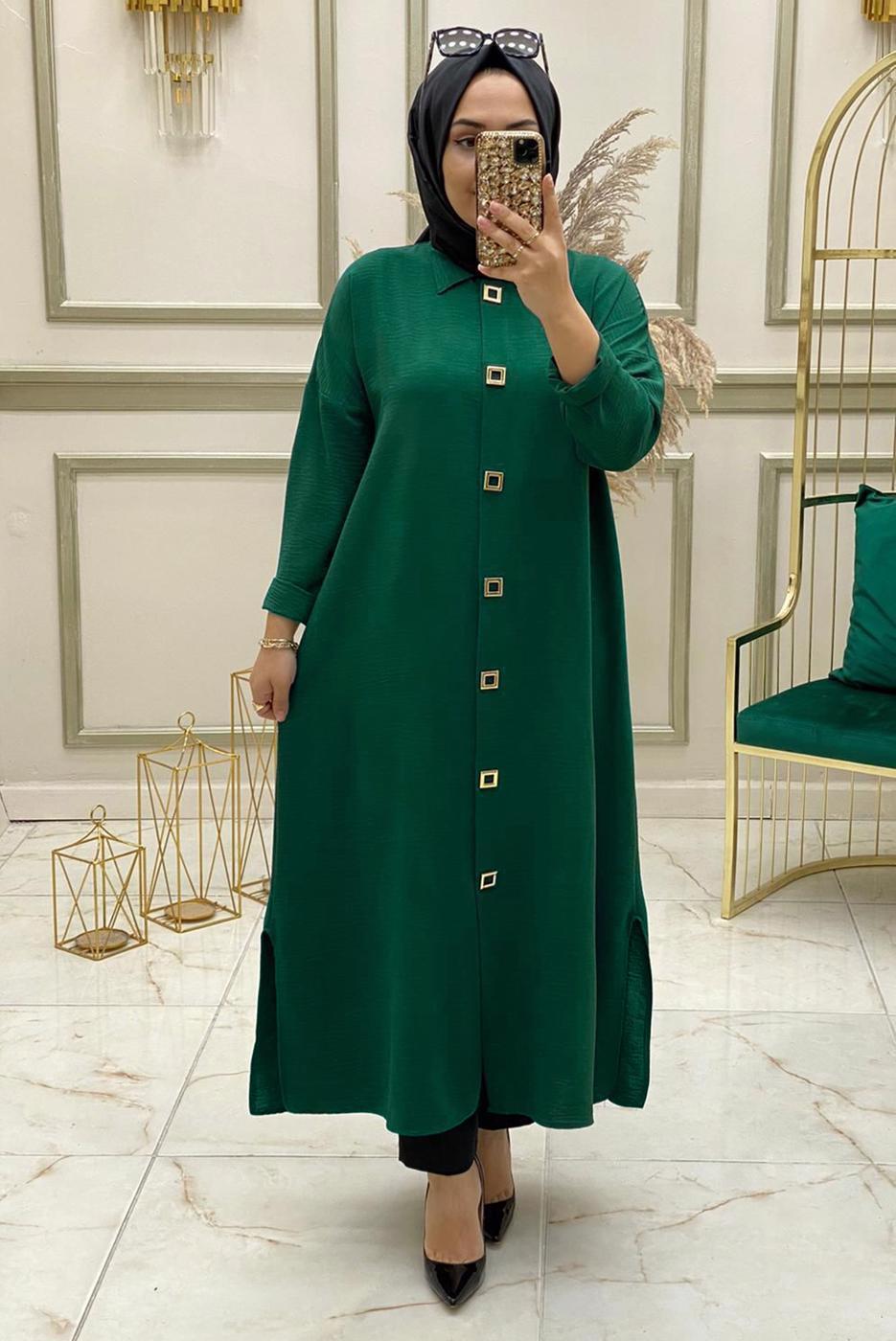 Tesettür giyim YEŞİL ÇITÇITLI YANI YIRTMAÇLI TUNİK T 50412	