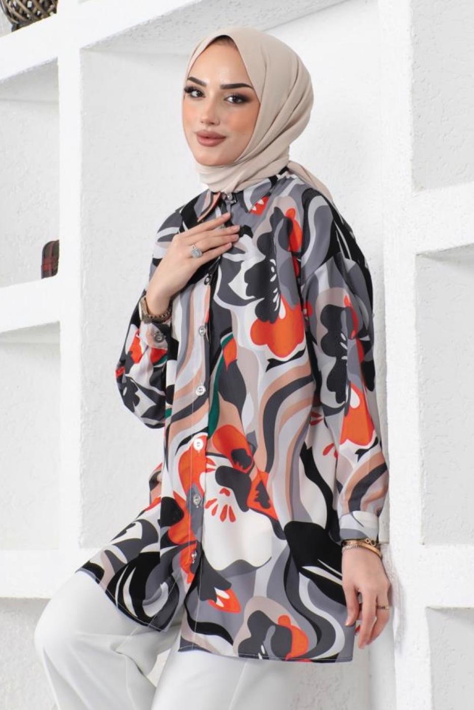 Tesettür giyim SİYAH DESENLİ GÖMLEK TUNİK T 5888