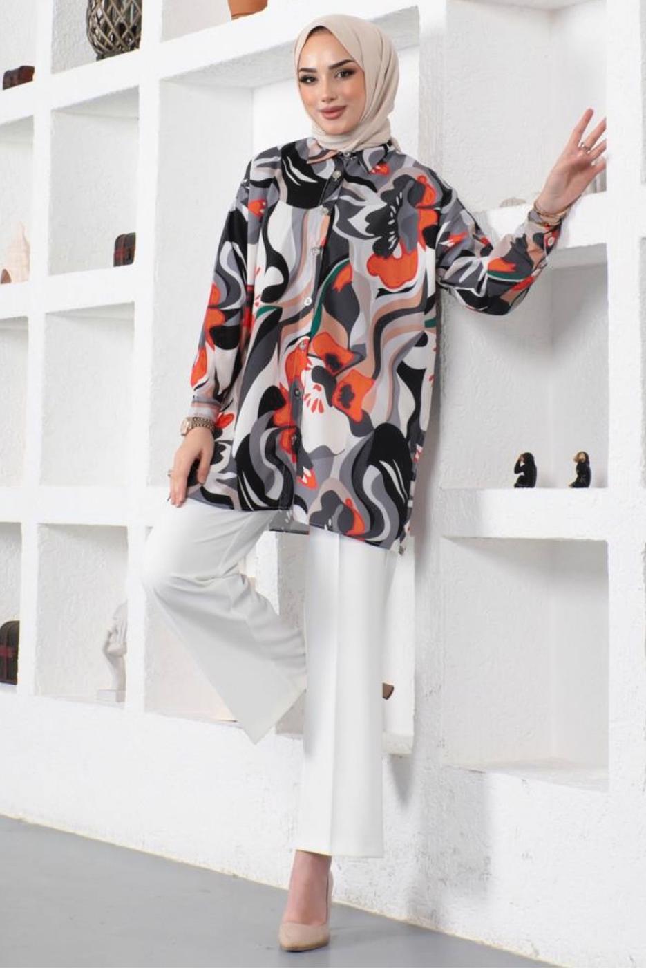 Tesettür giyim SİYAH DESENLİ GÖMLEK TUNİK T 5888