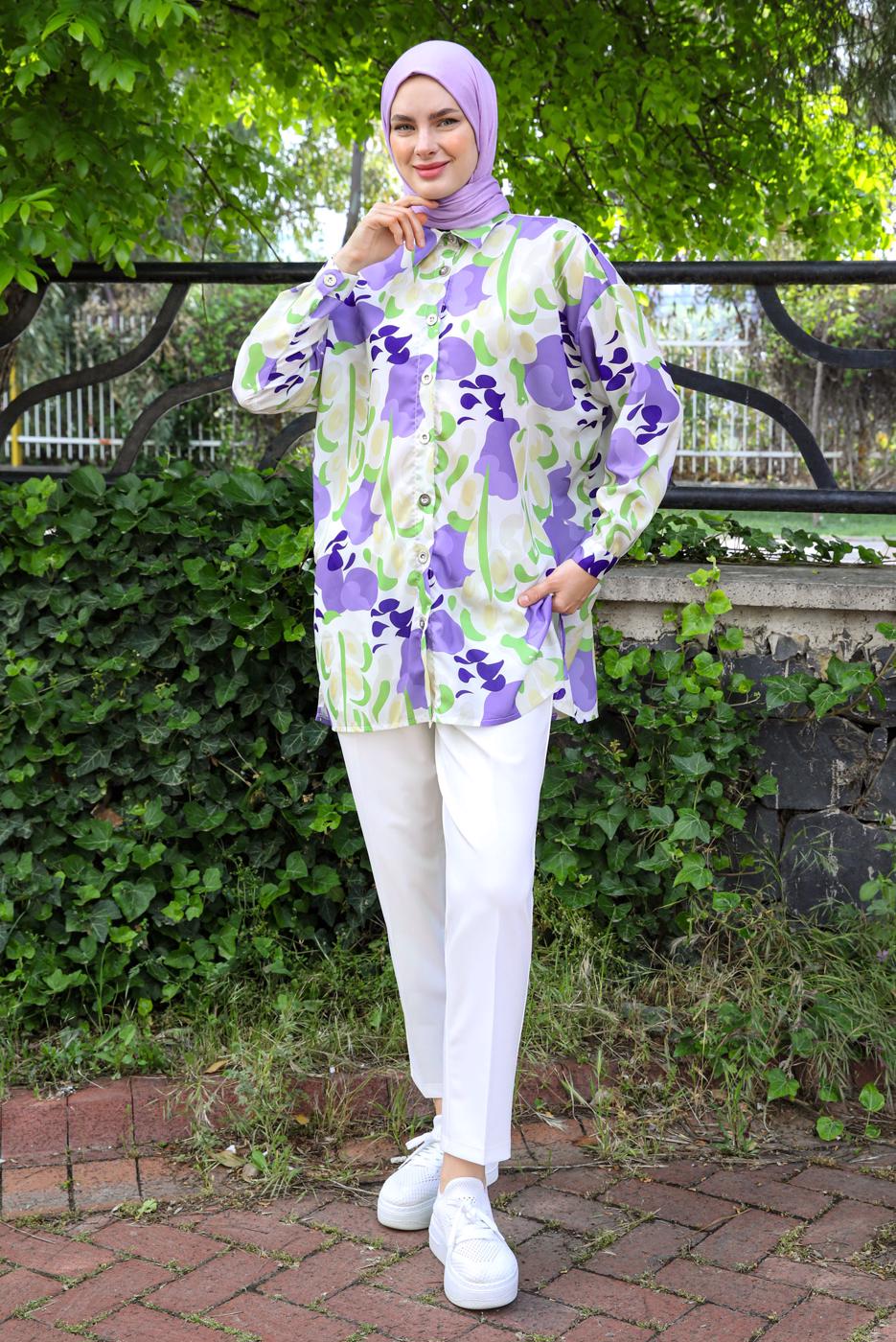 Tesettür giyim MOR DESENLİ GÖMLEK TUNİK T 5888