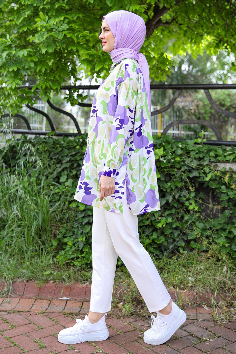 Tesettür giyim MOR DESENLİ GÖMLEK TUNİK T 5888
