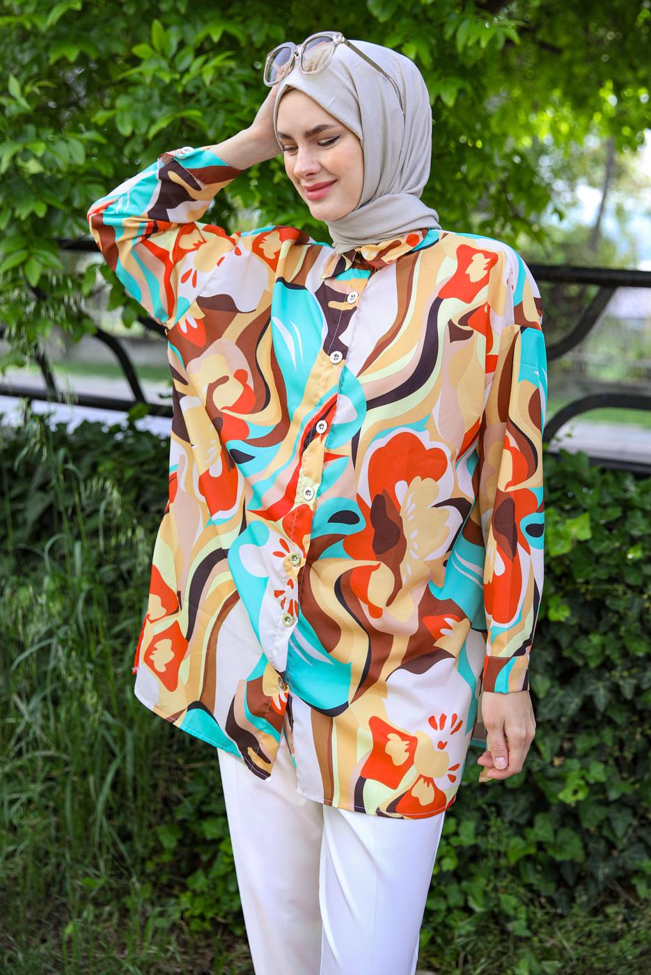 Tesettür giyim SARI DESENLİ GÖMLEK TUNİK T 5888