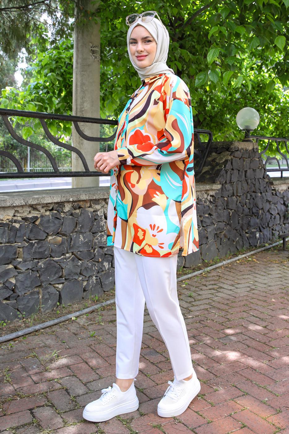 Tesettür giyim SARI DESENLİ GÖMLEK TUNİK T 5888