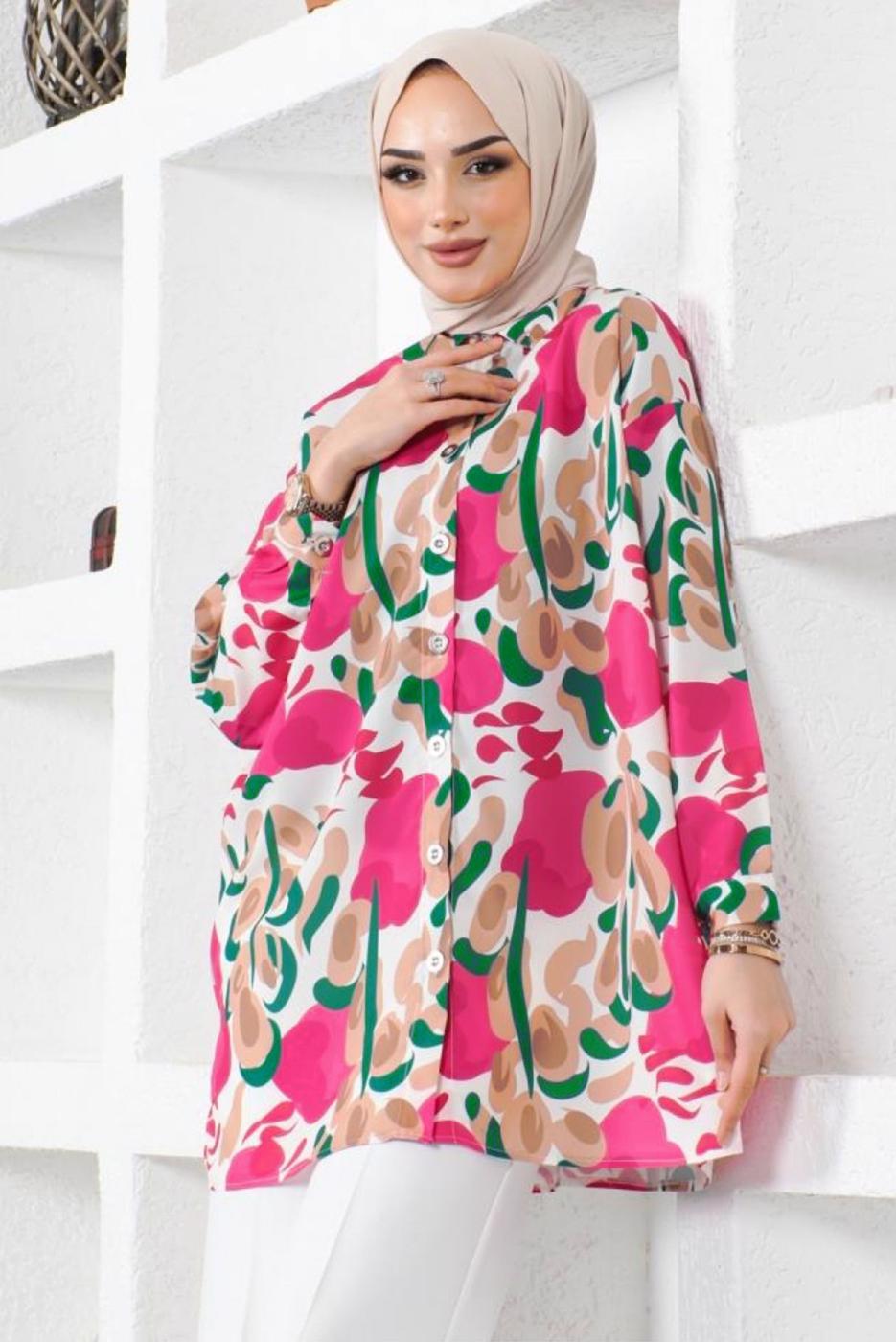 Tesettür giyim FUŞYA DESENLİ GÖMLEK TUNİK T 5888