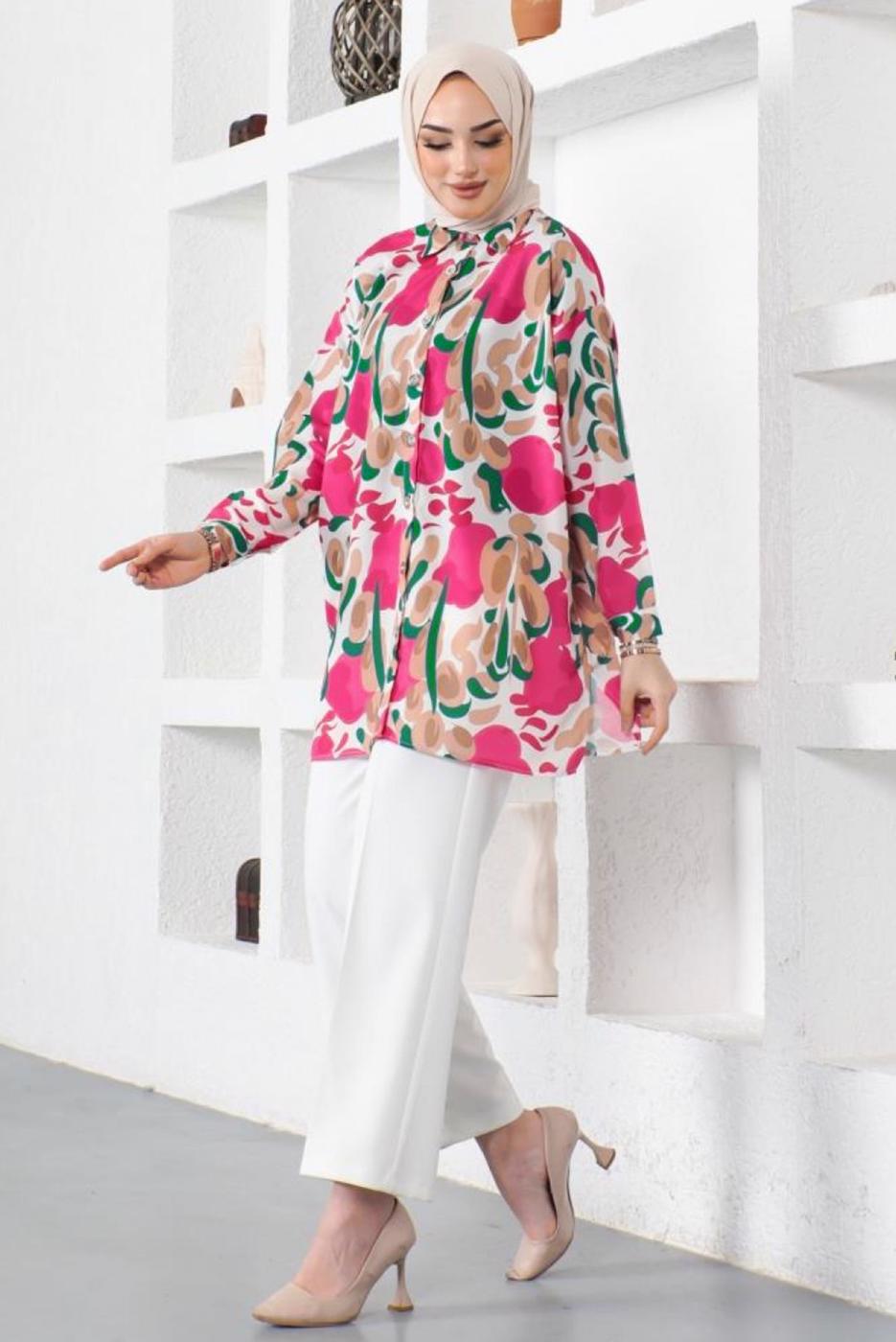 Tesettür giyim FUŞYA DESENLİ GÖMLEK TUNİK T 5888