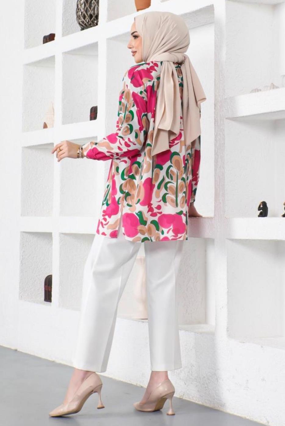 Tesettür giyim FUŞYA DESENLİ GÖMLEK TUNİK T 5888