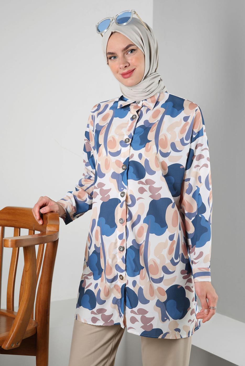 Tesettür giyim MAVİ DESENLİ GÖMLEK TUNİK T 5888