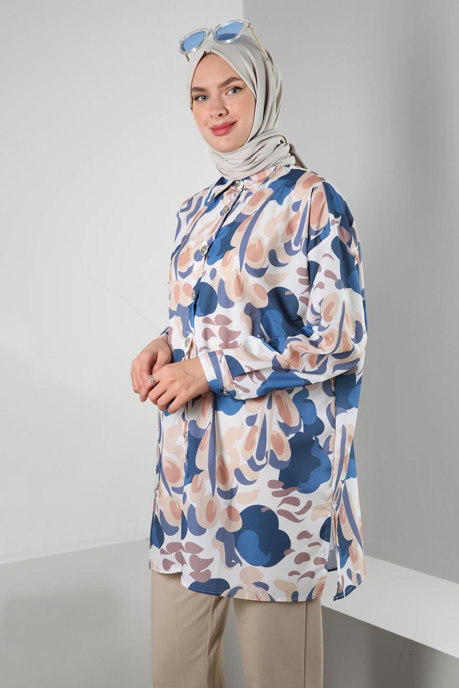 Tesettür giyim MAVİ DESENLİ GÖMLEK TUNİK T 5888