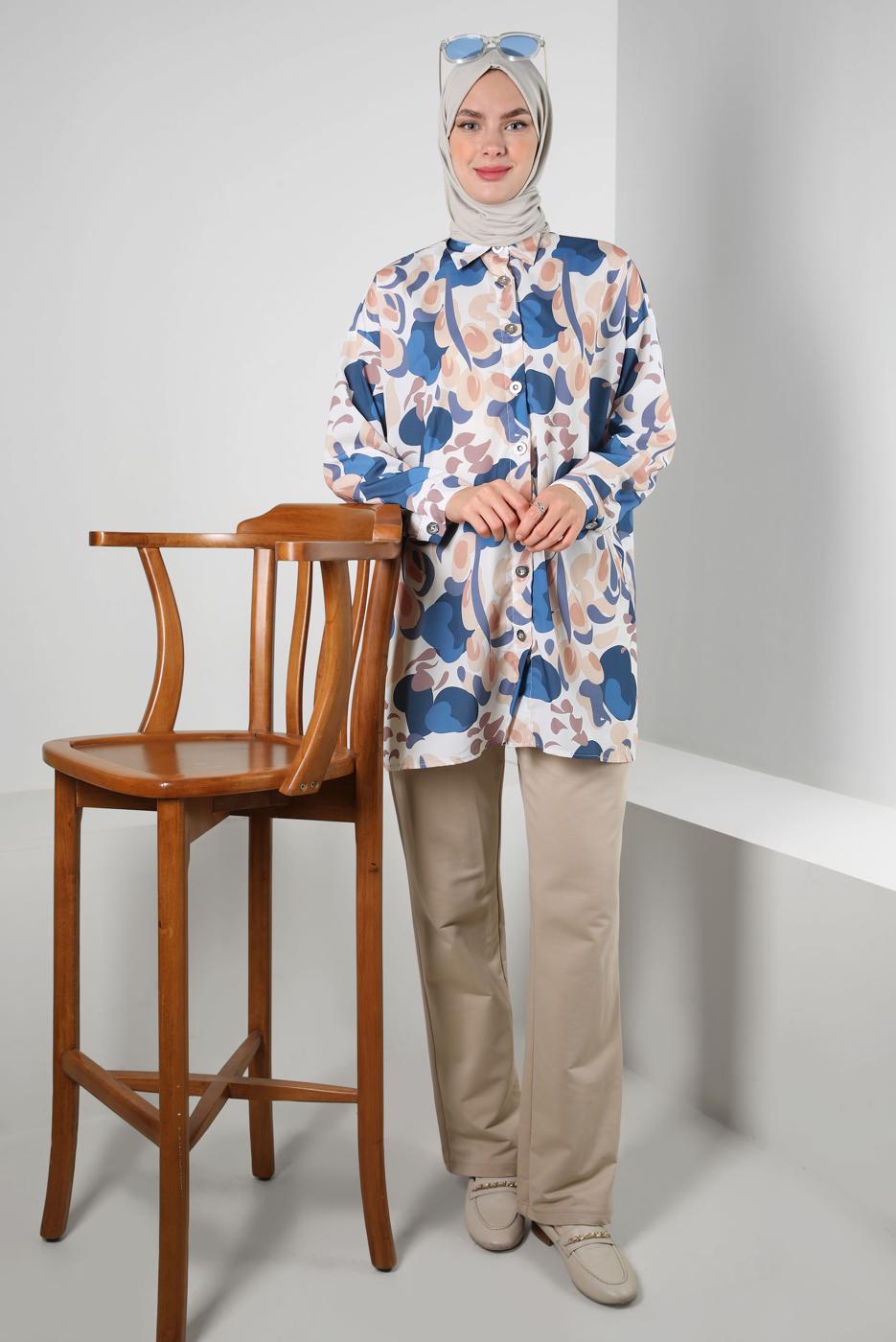 Tesettür giyim MAVİ DESENLİ GÖMLEK TUNİK T 5888