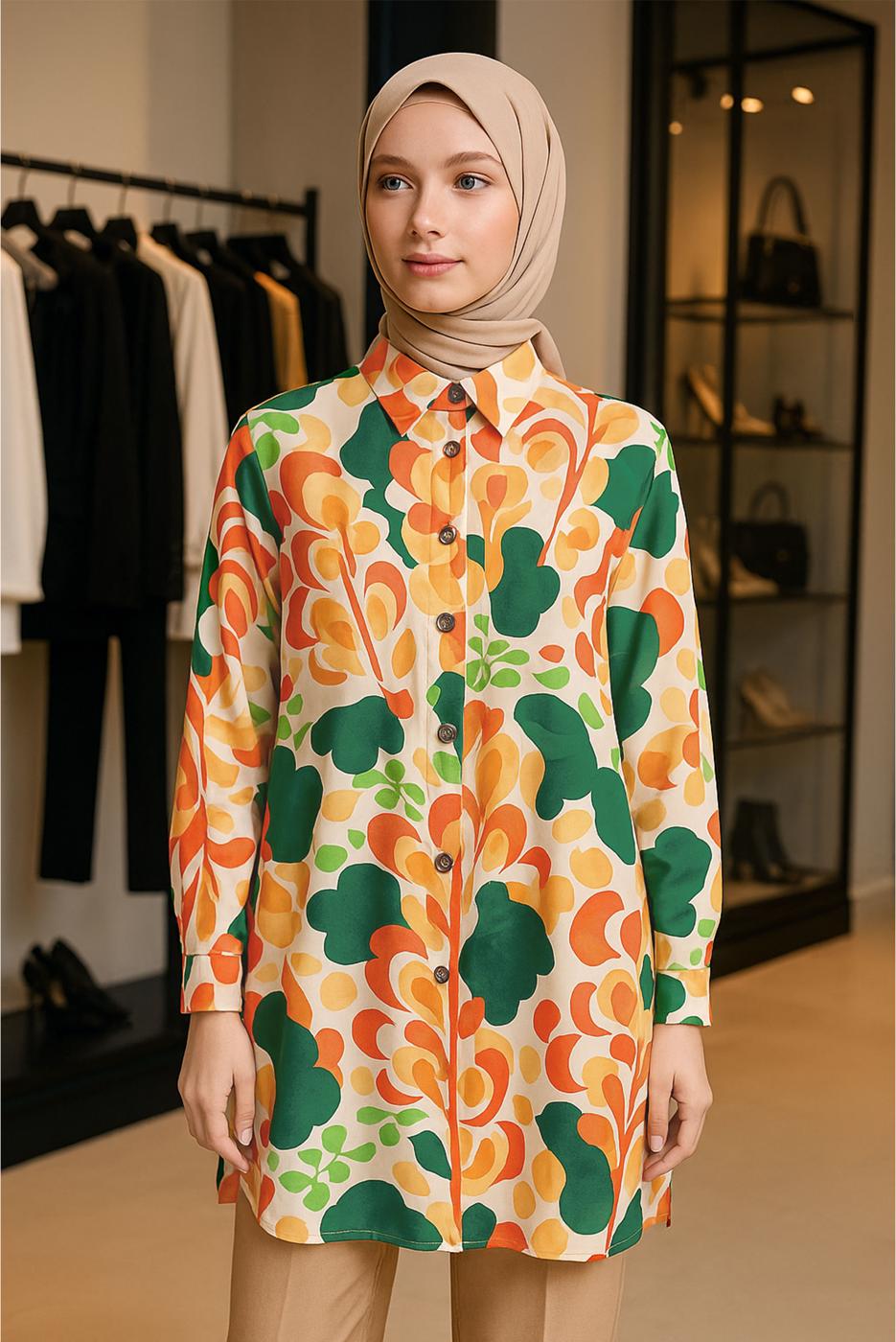 Vêtements hijab VERT TUNIQUE CHEMISE À MOTIFS T 5888