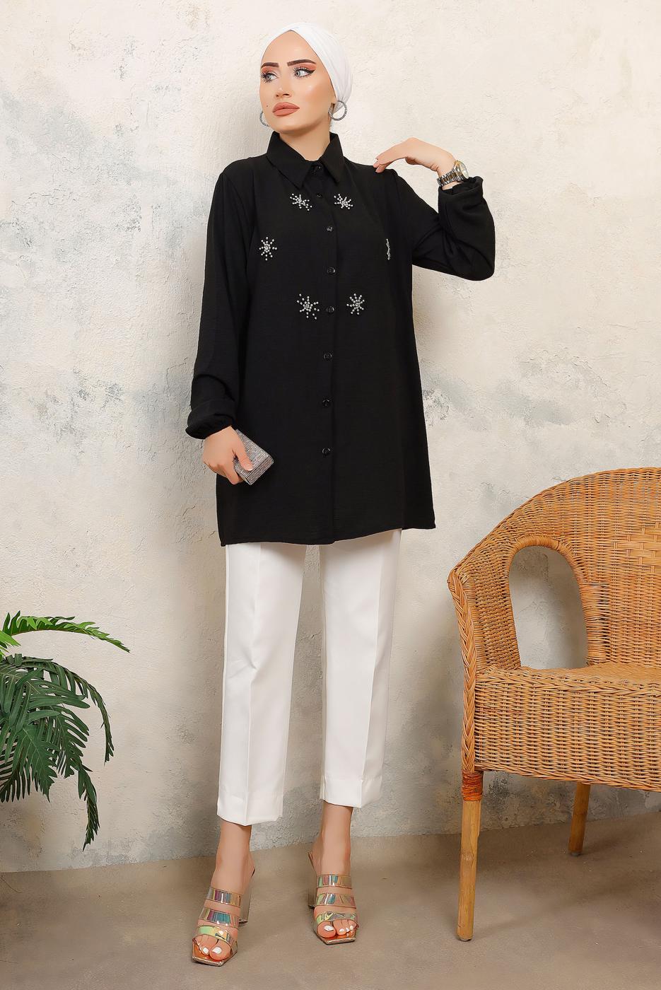 Tesettür giyim SİYAH TAŞ BASKILI GÖMLEK TUNİK T 6513