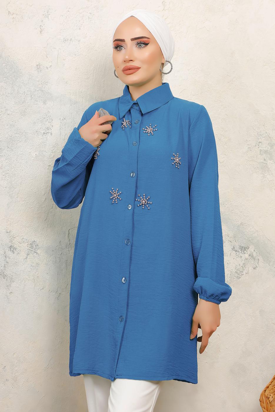 Tesettür giyim MAVİ TAŞ BASKILI GÖMLEK TUNİK T 6513