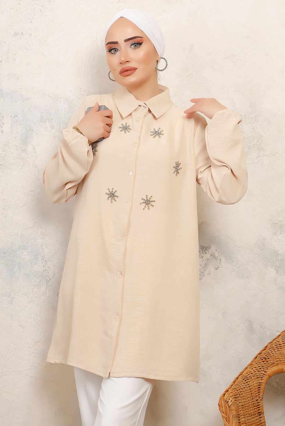 Tesettür giyim BEJ TAŞ BASKILI GÖMLEK TUNİK T 6513