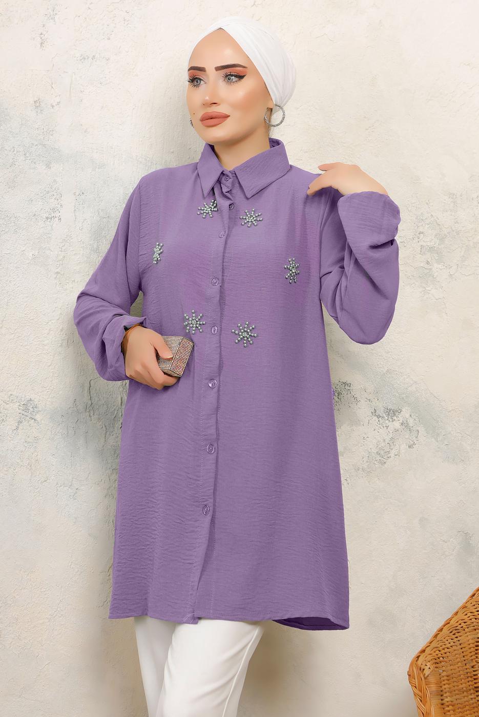 Tesettür giyim MOR TAŞ BASKILI GÖMLEK TUNİK T 6513