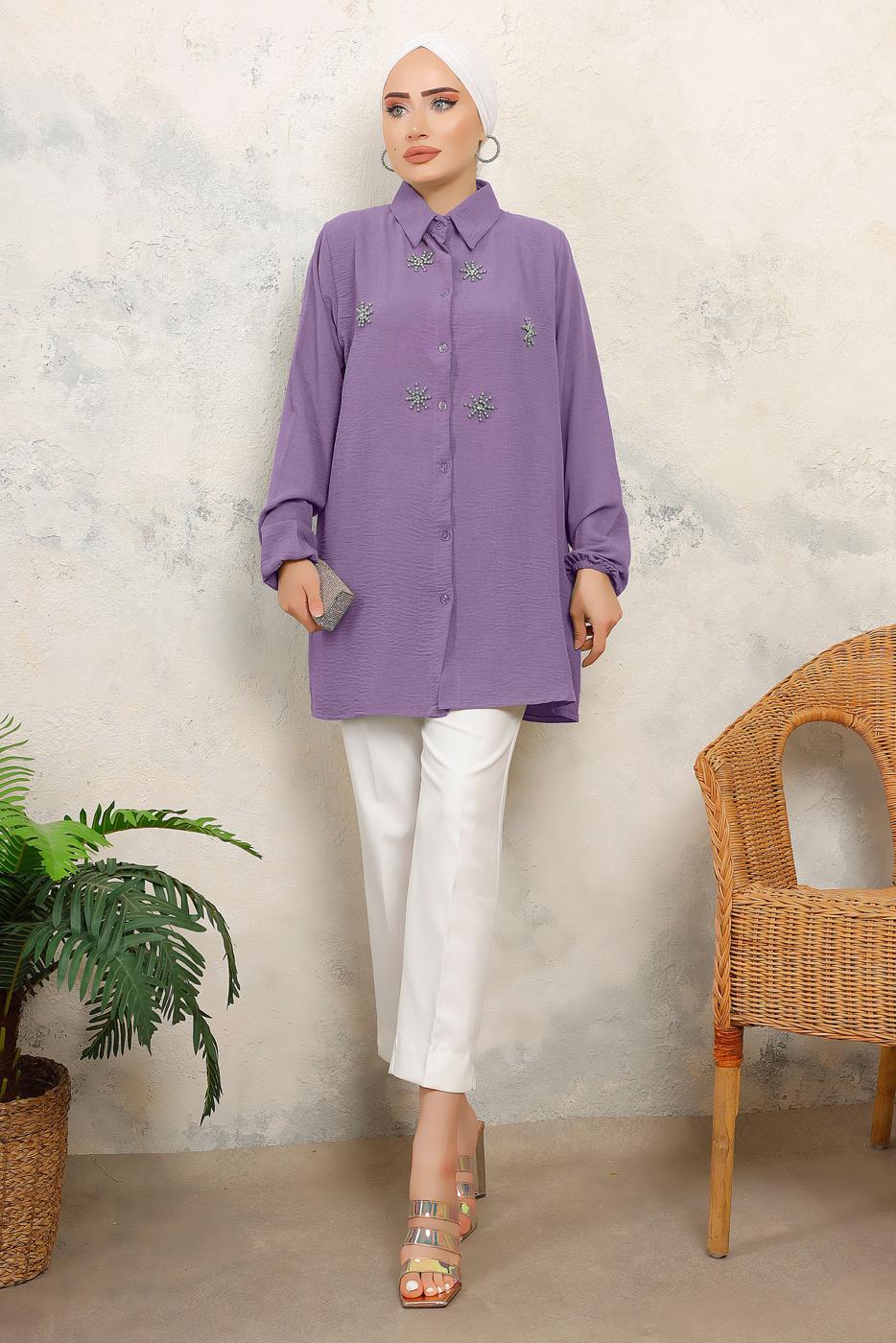 Tesettür giyim MOR TAŞ BASKILI GÖMLEK TUNİK T 6513
