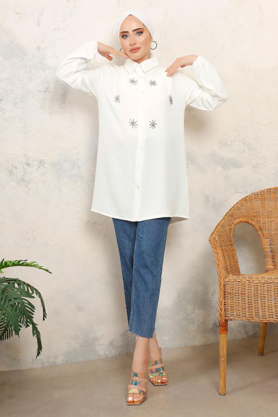 Tesettür giyim EKRU TAŞ BASKILI GÖMLEK TUNİK T 6513