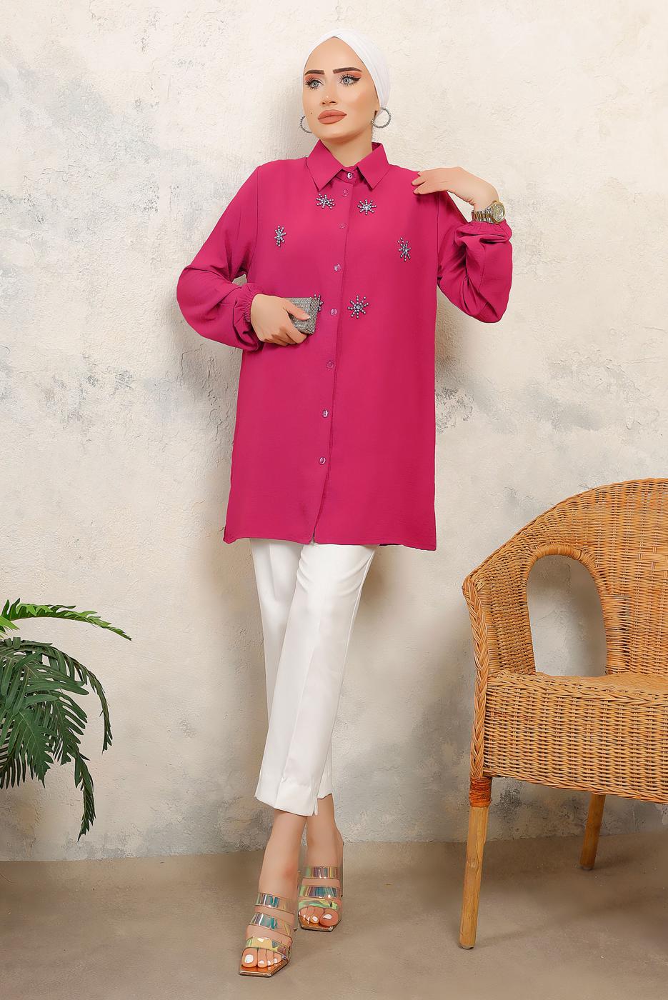 Tesettür giyim FUŞYA TAŞ BASKILI GÖMLEK TUNİK T 6513