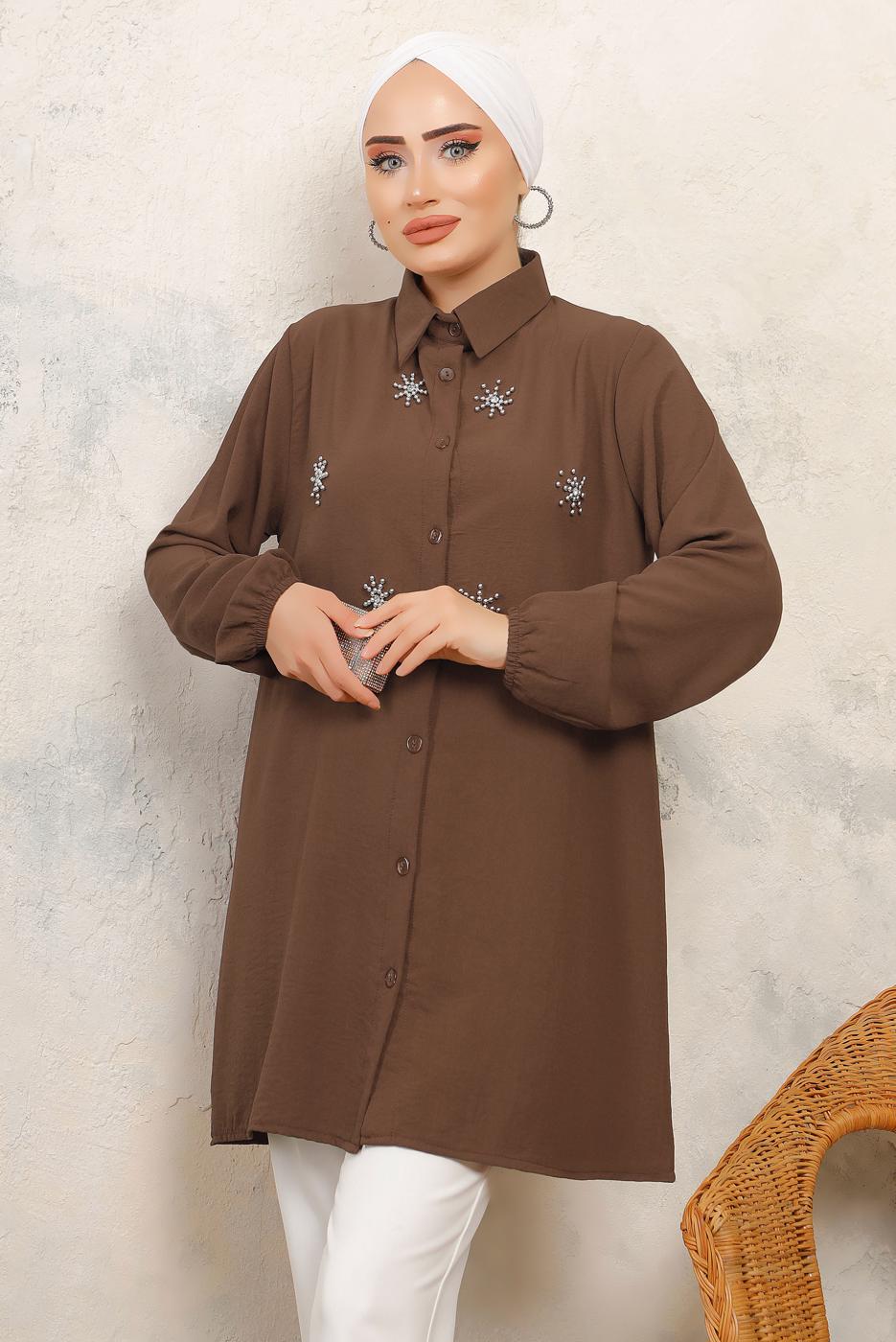 Tesettür giyim KAHVE TAŞ BASKILI GÖMLEK TUNİK T 6513