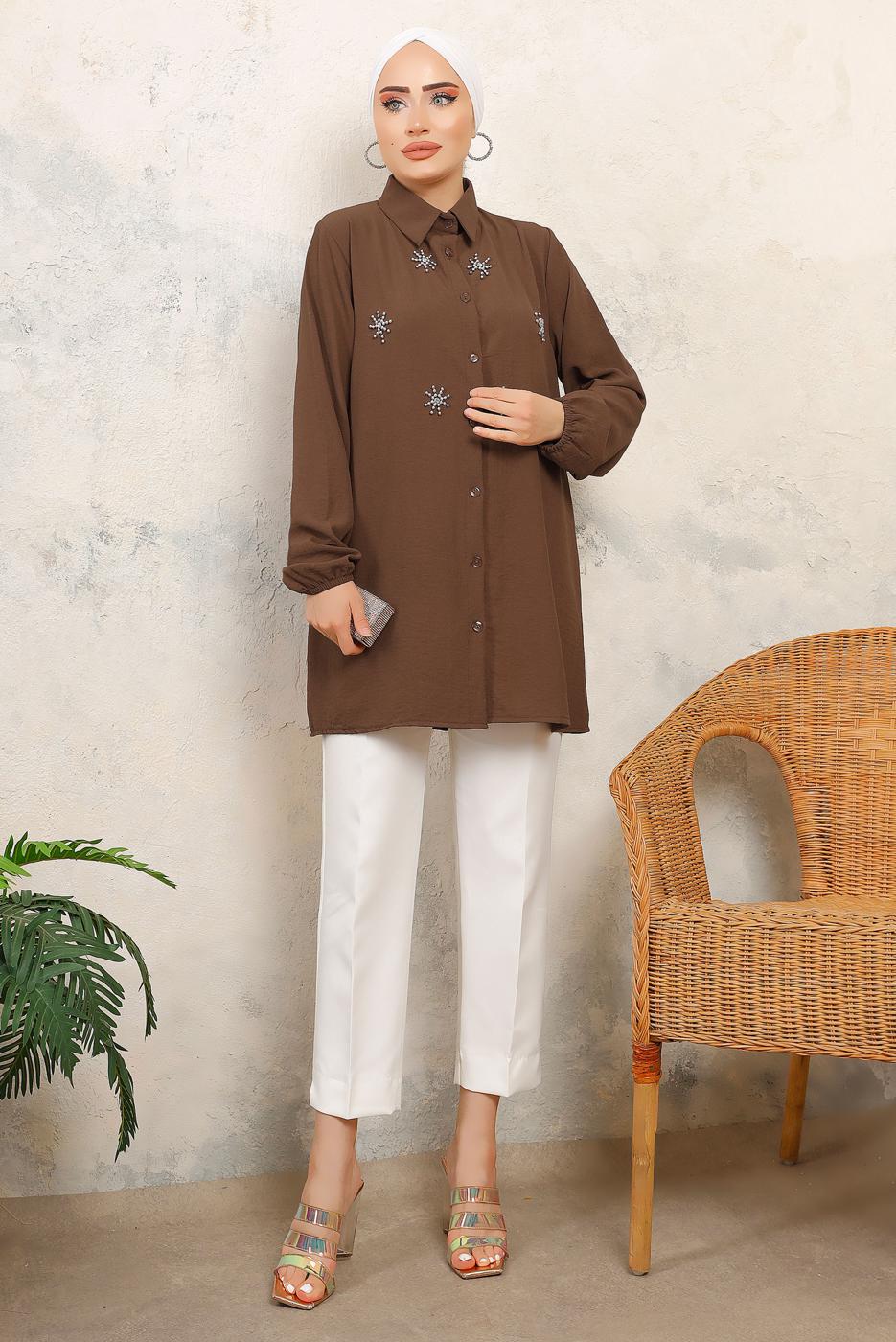 Tesettür giyim KAHVE TAŞ BASKILI GÖMLEK TUNİK T 6513