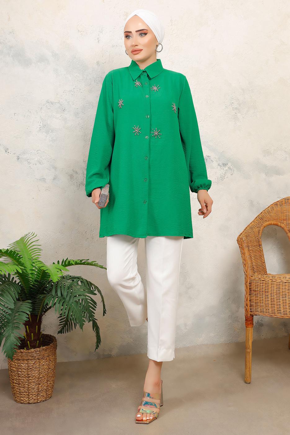 Tesettür giyim YEŞİL TAŞ BASKILI GÖMLEK TUNİK T 6513