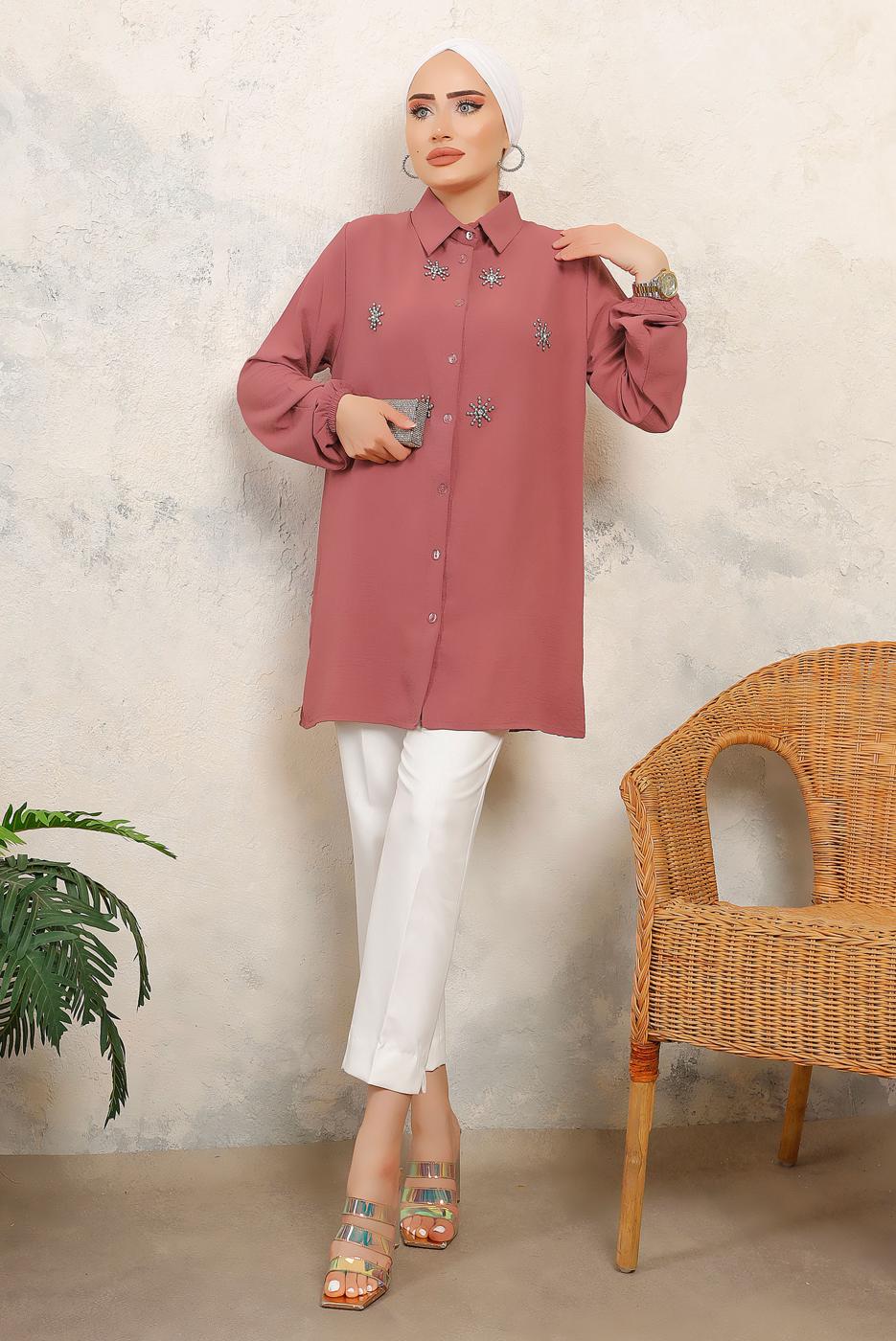 Tesettür giyim PEMBE TAŞ BASKILI GÖMLEK TUNİK T 6513