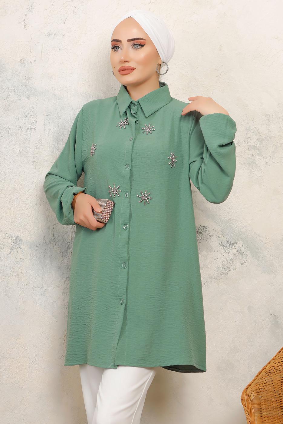 Tesettür giyim YEŞİL TAŞ BASKILI GÖMLEK TUNİK T 6513