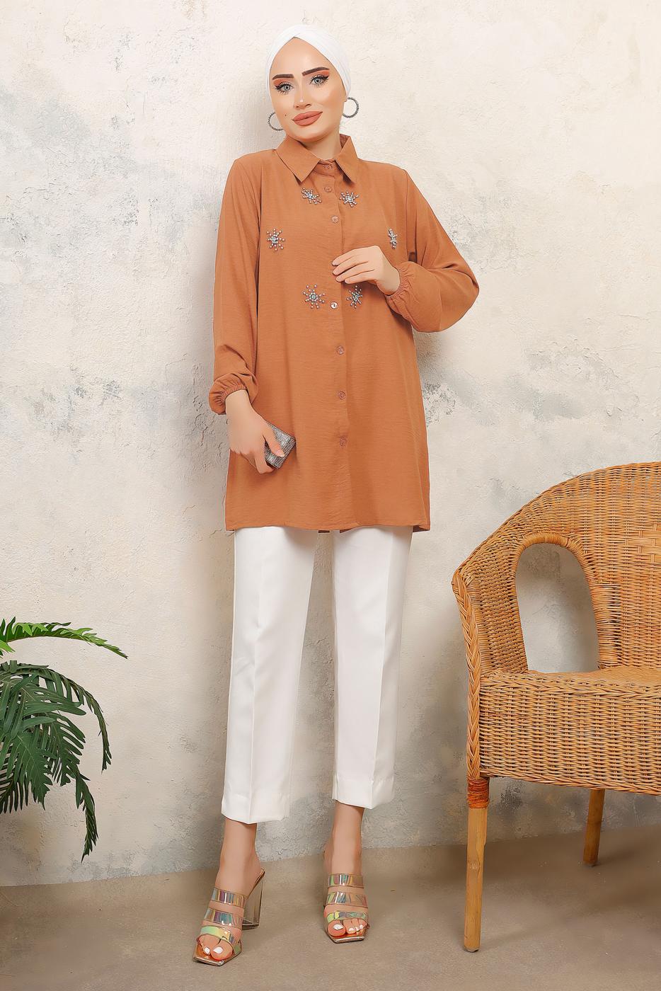 Tesettür giyim KAHVE TAŞ BASKILI GÖMLEK TUNİK T 6513