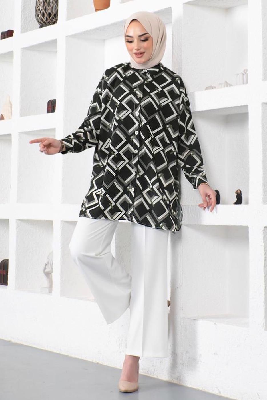 Tesettür giyim SİYAH GEOMETRİK DESENLİ GÖMLEK TUNİK T 6888