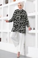 Tesettür giyim SİYAH GEOMETRİK DESENLİ GÖMLEK TUNİK T 6888