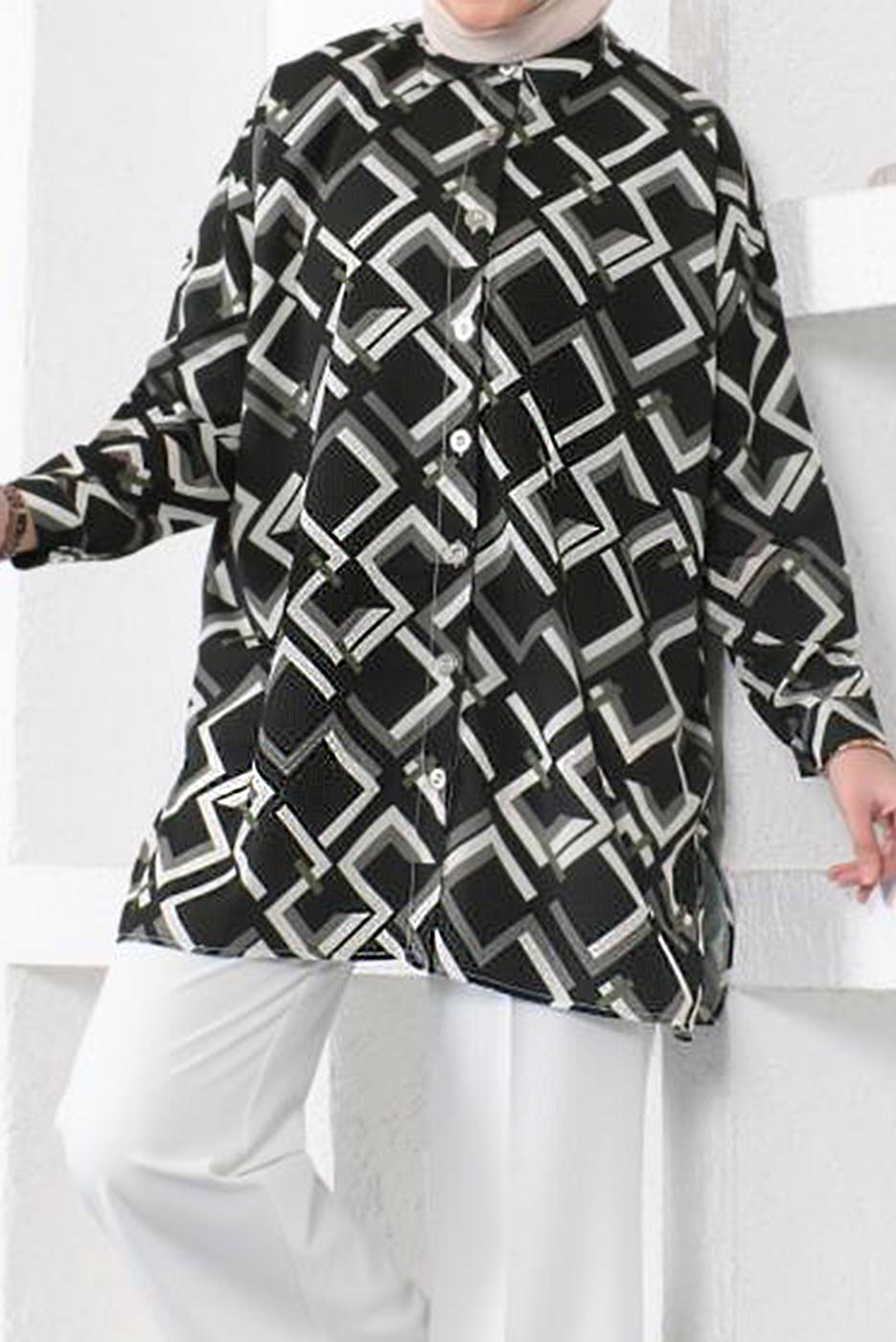 Tesettür giyim SİYAH GEOMETRİK DESENLİ GÖMLEK TUNİK T 6888