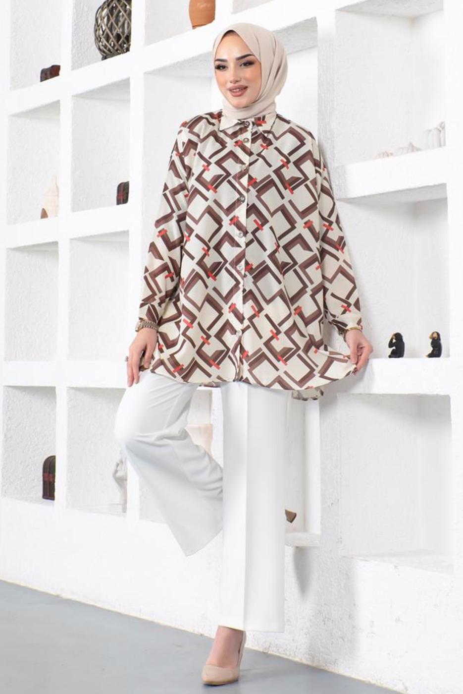 Tesettür giyim VİZON GEOMETRİK DESENLİ GÖMLEK TUNİK T 6888