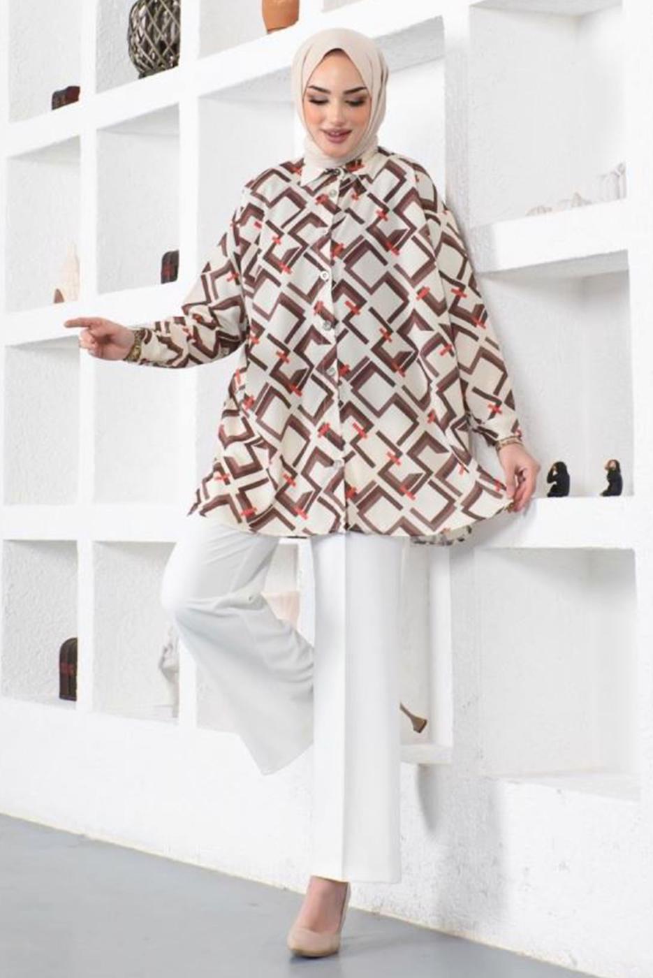 Tesettür giyim VİZON GEOMETRİK DESENLİ GÖMLEK TUNİK T 6888