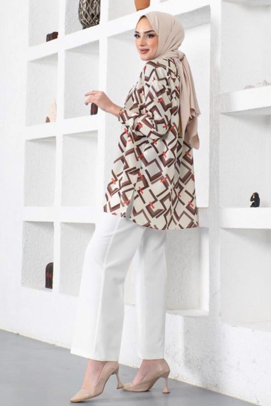 Tesettür giyim VİZON GEOMETRİK DESENLİ GÖMLEK TUNİK T 6888