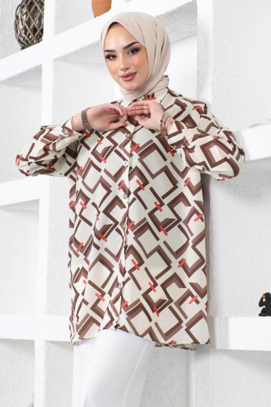 Tesettür giyim VİZON GEOMETRİK DESENLİ GÖMLEK TUNİK T 6888